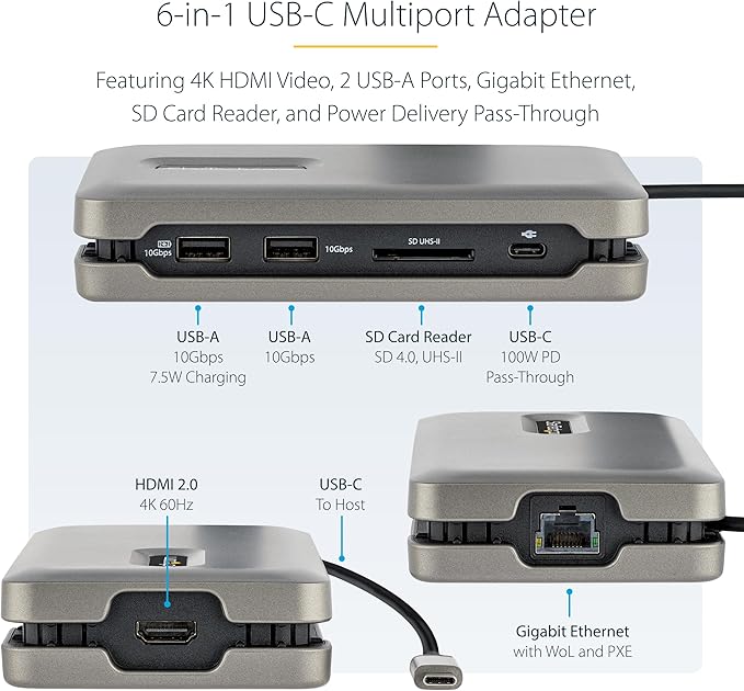 StarTech.com USB-C Docking Station for MacBook Pro M1 M2 M3 M4 and Windows, 4K 60Hz HDMI Video, HDR10, USB 10Gbps Hub, 100W Laptop Charging, GbE, SD - TAA