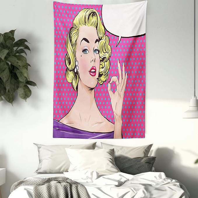 Ambesonne Vintage Tapestry, Pop Art Blonde Woman Making OK Sign on Dotted Background Retro Comic Book Design, Fabric Wall Hanging Decor for Bedroom Living Room Dorm, 23" X 28", Pink Blue