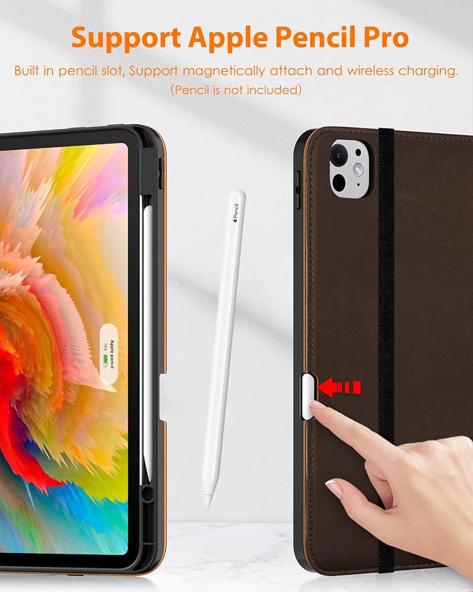 DTTO for iPad Pro 13 Inch Case (M5) 2025 / (M4) 2024 Brown | Premium Leather Business Cover with Pencil Holder Hand Strap &amp Pocket Corner Protection Auto Sleep/Wake Multiple Angles