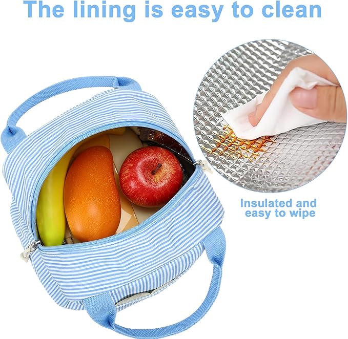 LEDAOU Lunch Box for Women Insulated Lunch Bag Corduroy Lunch Tote Bags Leakproof Cooler Lunch Case for Travel Work Picnic (K-Stripes-Blue)