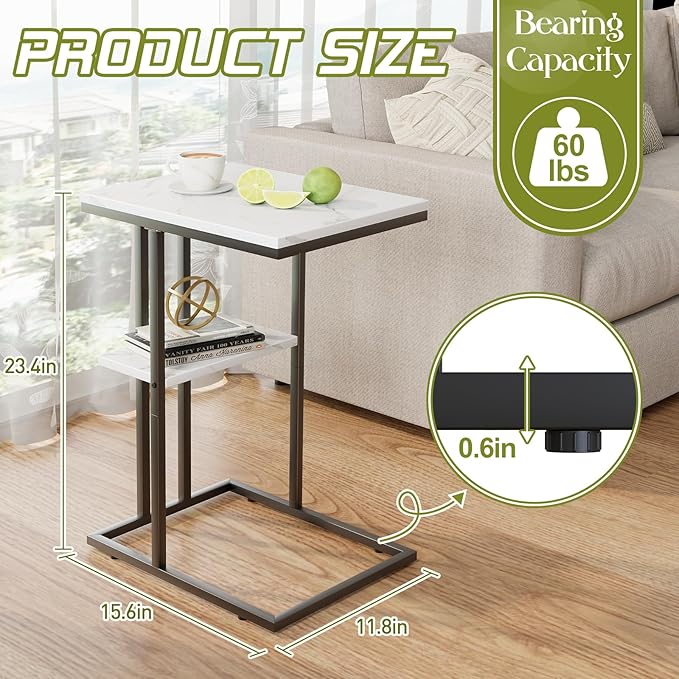 C Shaped End Side Table, Couch Sofa Table for Small Space, Black Snack Table with Metal Frame, TV Tray Table for Bed, Living Room, Bedroom, Bedside(White Marble)