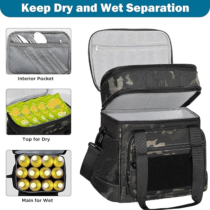 GLENKEY Double Deck Insulated Lunch Box, Expandable Large Lunch Bag Leakproof Cooler Bag Lunch Pail for Men Women Adults Work Shifts Travel Daytrip,16L,Black-Camo