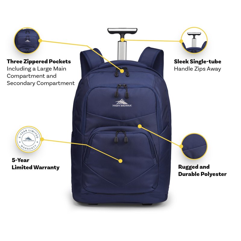 High Sierra Freewheel Pro Wheeled Laptop Backpack Bookbag for Travel or Work with Rotating Handle and Padded Laptop Sleeve, True Navy