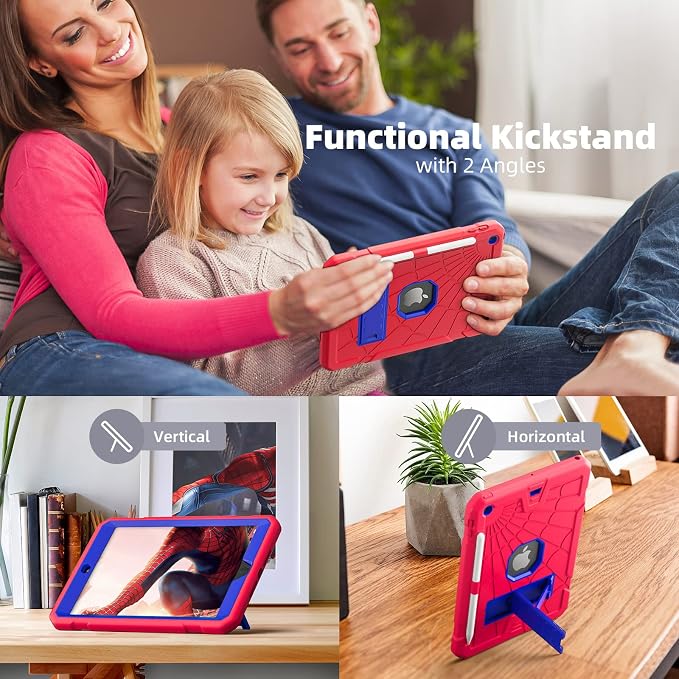 TSQQST iPad 9.7 Case 6th/5th Gen 2017 2018 for Kids Boys Girls | Tempered Glass Screen Protector Pencil Holder &amp Stand Heavy Duty Shockproof Rugged Protective Red+Blue