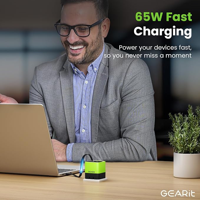 GEARit 65W GaN Charger Retractable USB C Cable + 2 Ports Digital Display | Retractable USB-C wall charger for iPhone Samsung Galaxy Watch earbuds. Foldable plug GaN fast charge wattage display