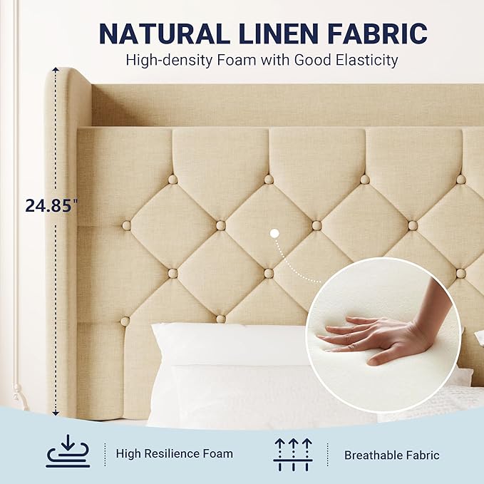 Allewie Queen Size Bed Frame, Storage Headboard with Charging Station, Wingback Linen Upholstered, Diamond Stitched Button Tufted, Sturdy Wooden Slats, No Box Spring Needed, Easy Assembly, Beige