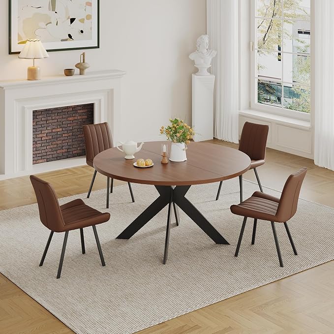Walnut Round Dining Table Set for 4, Mid-Century Modern Kitchen Table and Chairs, Small Space Dining Room Furniture for Apartment, Breakfast Nook or Studio (Boxwood-1 Table + 4 Brown Chairs)