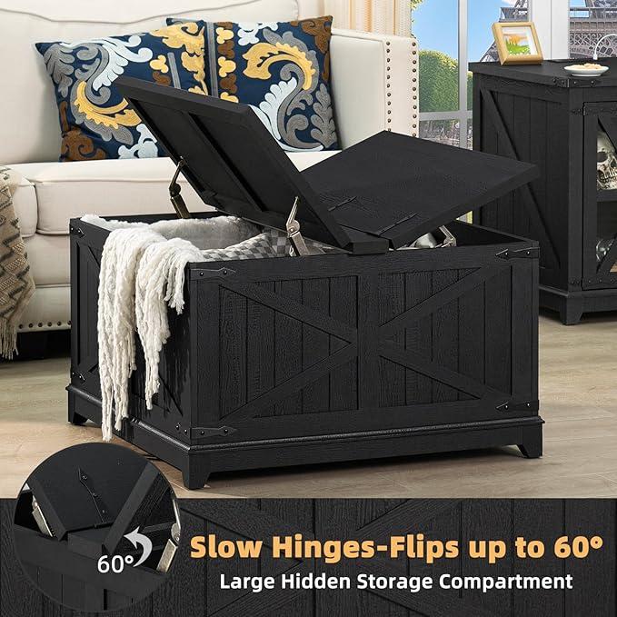 Farmhouse Coffee Table Sets 3 Pieces, Narrow Night Stand with Glass Barn Door Storage, Large Coffee Tables with Hidden Storage Organizer, Wood Furniture Sets for Living Room, Office, Black