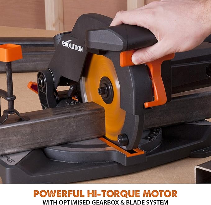 Evolution Power Tools R210CMS Compound Miter Saw, 8-1/4" Multi-Material Cutting TCT Blade Included Cuts Wood Metal Plastic & More, 45° - 45° Degree Miter & 45˚ Degree Bevel Angles, 1200W, 8-1/4"