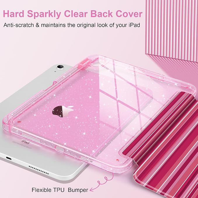 MEEgoodo Case for iPad A16 11th Generation 2025/10th Generation 2022 Glitter Tablet Cases with Transparent Acrylic Back+Trifold Stand +Pencil Holder+Auto Wake/SleepAbstract Sun &amp Palm Tree