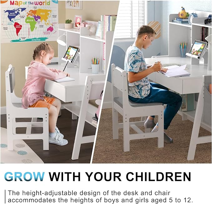GDLF Kids Study Desk and Chair Set, Adjustable Children Study Table with Chair, Kids Wooden Desk with Hutch, Drawers, Book Stand, Whiteboard and Fabric Storage Bag for 5-12 Years Old