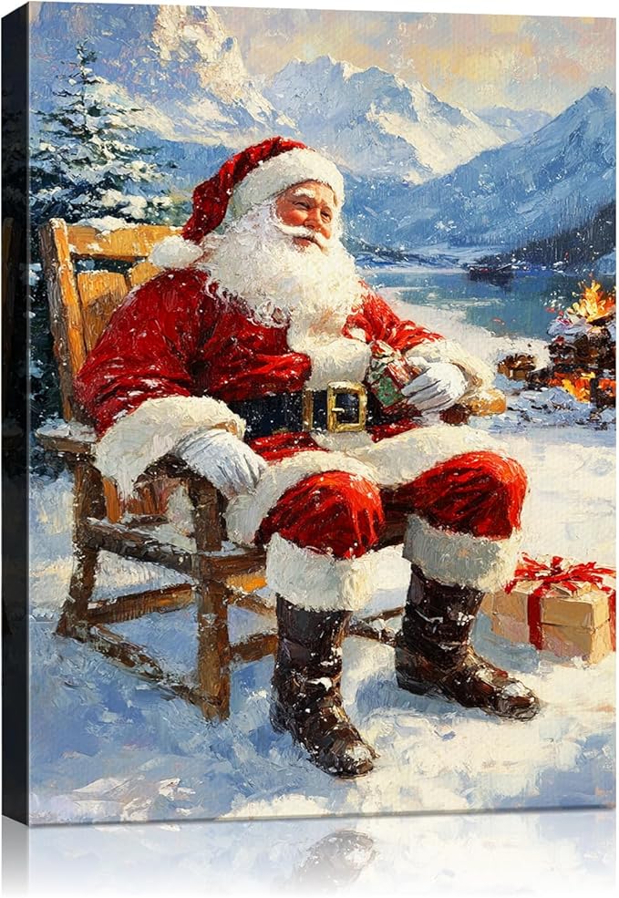 Vintage Santa Claus Christmas Canvas Wall Art - Festive Holiday Painting for Living Room,Bedroom & Bathroom, Cozy Winter Decor Framed Print, Perfect Christmas Gifts & Home Decoration