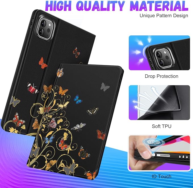 Uppuppy for iPad Pro 12.9 Case Kids Folio PU Leather Cover with Apple Pencil Holder Auto Sleep/Wake Adjustable Angles for iPad Pro 12.9 6th/5th/4th/3rd Gen Sun Moon Black