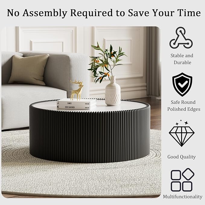 Black Round Coffee Table with Sintered Stone Tabletop, 29.52" Drum Coffee Table with Fluted PU Leather Covered and Stable Base, Circle Cocktail Tea Table for Living Room