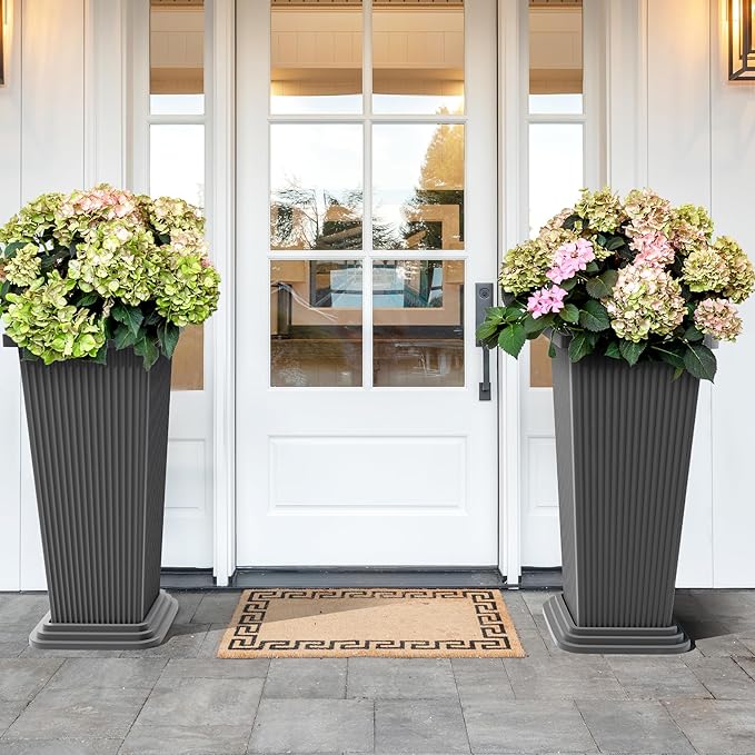 Set of 4 24" Tall Plastic Planters with Trays, Large Tapered Plant Pots for Indoor Outdoor Use, Modern Decorative Planters for Porch, Patio, Garden, and Backyard