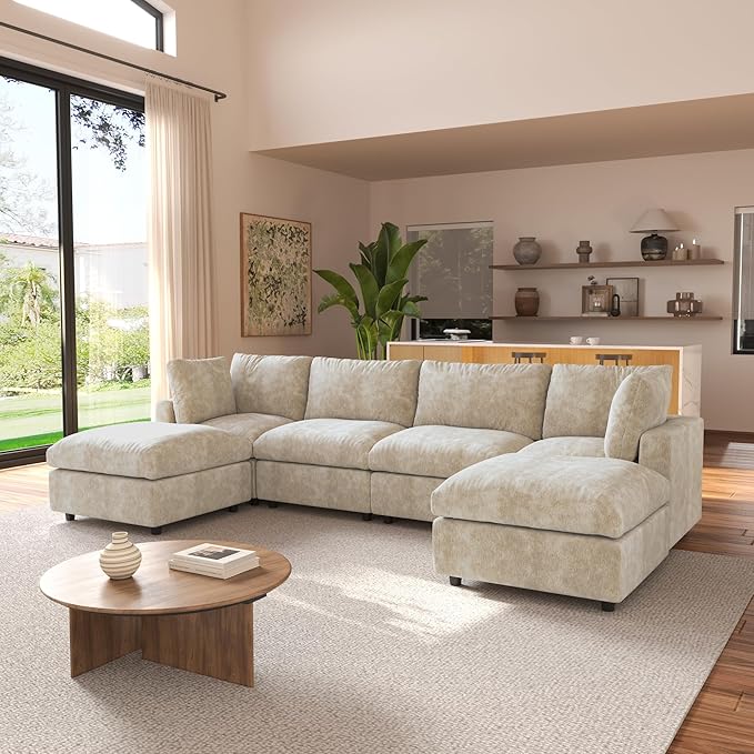 JACH U Shape Sectional Couches for Living Room, Modular Sofa with Chaise Ottomans, Cloud Sectional Couch, Sofa Covers Washable, Minimalist Couch for Living Room, Apartment, Khaki