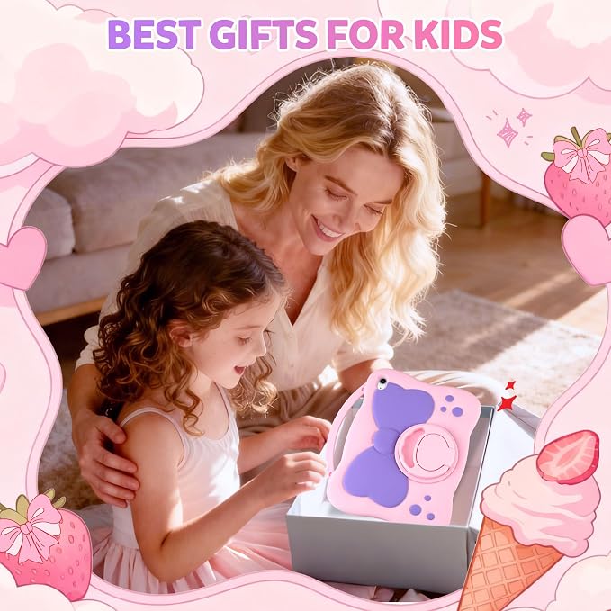 VOFUOE for iPad A16 Case Kids iPad 11th/10th Generation Case 11 Inch 2025 | Cute Bow Soft Silicone iPad 10th Cover 10.9 Inch 2022 for Girls Built-in Handle Rotatable Stand Pencil Holder-Pink Purple
