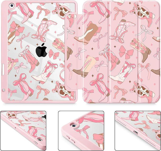 Case for iPad 9th/8th/7th Generation 10.2-Inch (2021/2020/2019 Release) with [Built-in Pencil Holder] Shockproof Cover with Clear Transparent Back Shell &amp Auto Wake/Sleep - Blue Bows