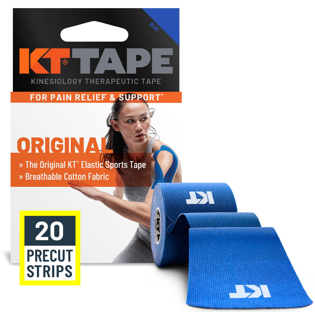 KT Tape, Original Cotton, Elastic Kinesiology Athletic Tape, 20 Count, 10” Precut Strips, Blue