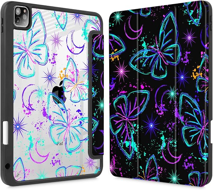 Mektron Case for iPad Pro 11 inch Case M2 2022 Generation 4th Fit 2021 2020 2018 iPad Pro 11 (3rd 2nd &amp 1st Gen) -Buit in Pencil Holder with Shockproof Cover Clear Shell Blue Bows &amp Flower