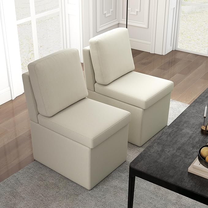 VKNOW Upholstered Dining Chairs Set of 4, Modern Kitchen Chairs with Storage, Linen Armchair Dinner Chair for Kitchen Dining Room Office Bedroom, Beige