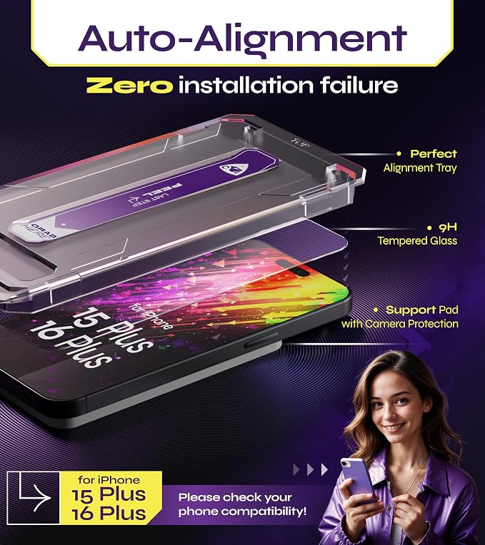 for iPhone 15 PLUS &amp 16 PLUS Screen Protector (2Pack) Easy Auto-Dust &amp Align Install Kit 6.7 Tempered Glass 9H Hardness Ultra HD Clear Case Friendly WonderShield