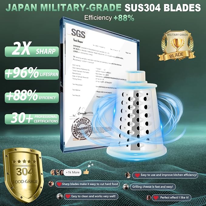 2025 Upgrade 6-In-1 Cheese Grater【 Military-Grade SUS304 Blade - 3S Fast Cut】Cheese Grater Hand Crank Suitable for Home Use(White)