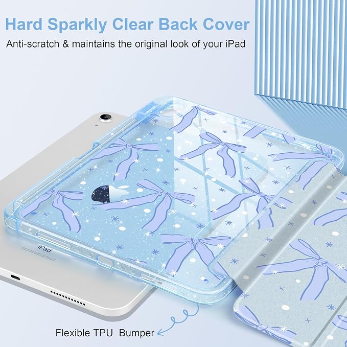 MEEgoodo Case for iPad A16 11th Generation 2025/10th Generation 2022 Glitter Tablet Cases with Transparent Acrylic Back+Trifold Stand +Pencil Holder+Auto Wake/SleepAbstract Sun &amp Palm Tree