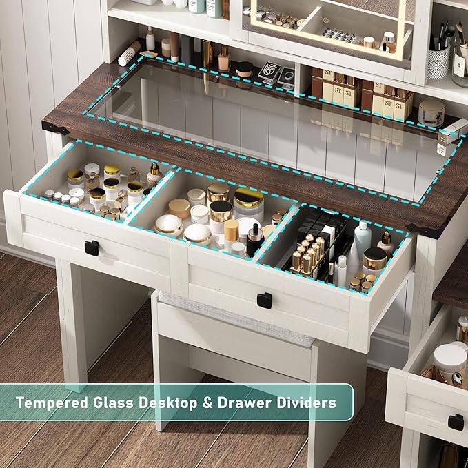 Farmhouse 47" Large Makeup Vanity Desk with Glass Tabletop, White Vanity with Sliding Mirror and Lights, Vanity Set with Stool & Charging Station, 3 Colors Lights, Ample Storage