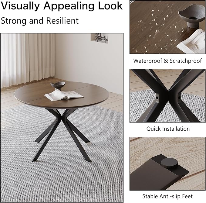 46.4" Round Dining Table, Mid Century Modern Round Dining Room Table for 4-6 with Metal Legs, Easy Assembly Coffee Table, Space-Saving Design for Kitchen and Dining Room
