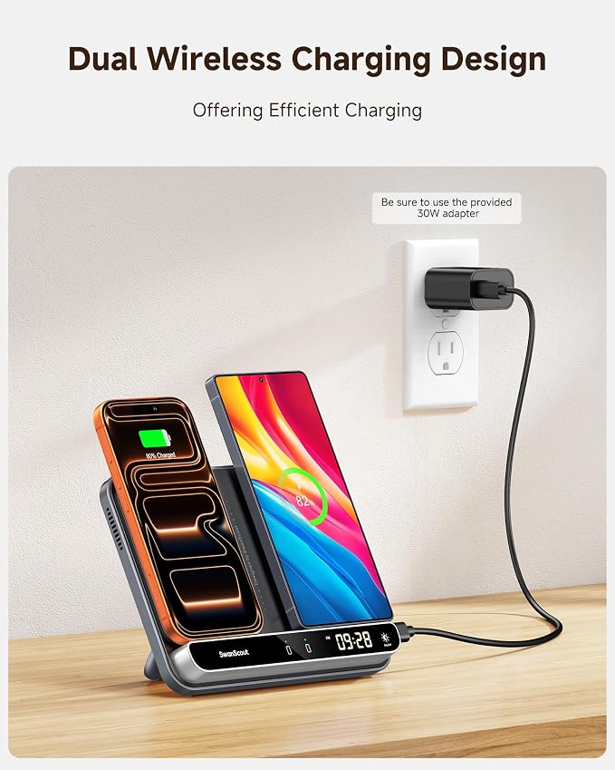 Dual Phone Foldable Wireless Charging Station for iPhone Galaxy Pixel | Dual phone charging Foldable portable stand Dimmable clock Case friendly Raised charging area flat mode for earbuds 504