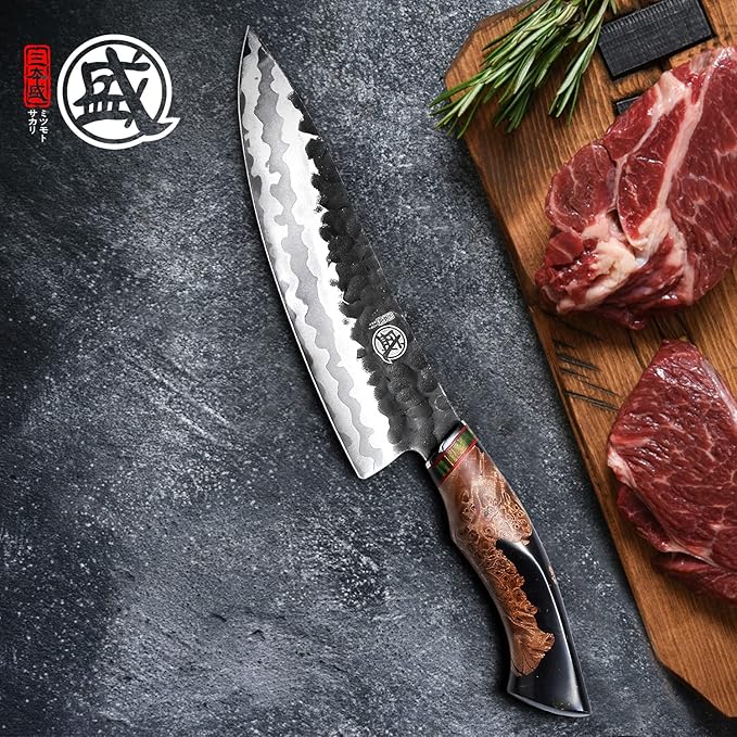 MITSUMOTO SAKARI 8-Inch Japanese Gyuto Chef Knife, 440C Damascus Steel