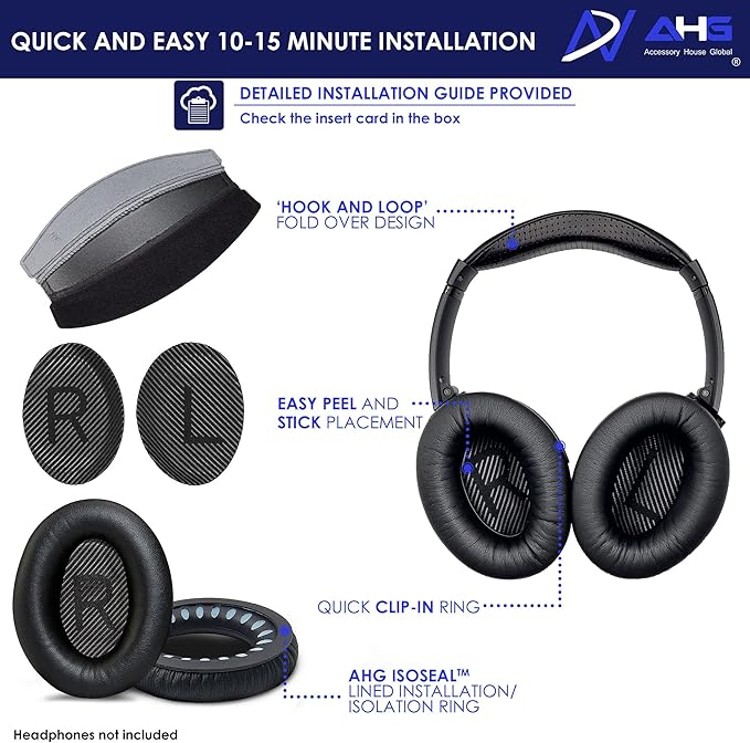 Replacement QC35 / QC35 ii earpads and QC35 Headband / QC35 ii Headband V3 pad Cushion Compatible with Bose QuietComfort 35 (QC35) and Bose QuietComfort 35 ii (QC35 ii) (AHG-QC35-COMBO-SHPSKN-HB)