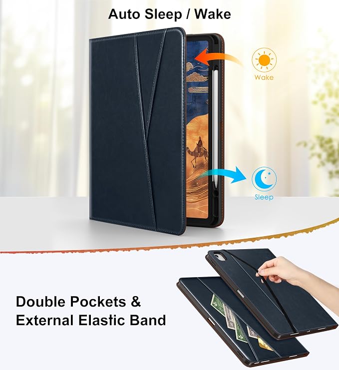 DTTO for iPad Air 13 Inch Case M4 / M3 / M2 (2026/2025/2024) 360 Degree Rotating Premium Leather Folio Stand Cover with Pencil Holder Brown