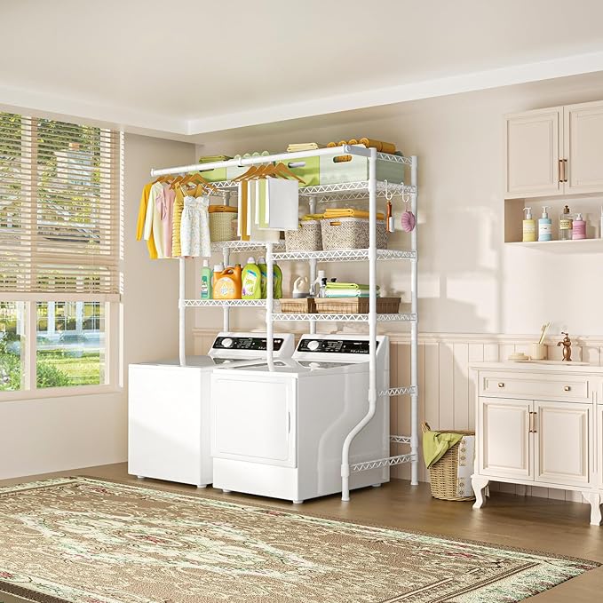 Ulif U13 Medium Over Washer and Dryer Storage Shelves, 6 Tiers Laundry Room Standing Shelf with 2 Hanger Rods, Space Saver Clothes Drying Rack, 57.8" W x 22" D x 77.4" H, White