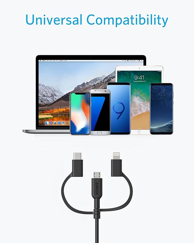 Anker Powerline II 3-in-1 Cable Lightning/Type C/Micro USB Cable for iPhone iPad Huawei HTC LG Samsung Galaxy Sony Xperia Android Smartphones iPad Pro 2018 and More(3ft Black) | 3-in-1 Cable