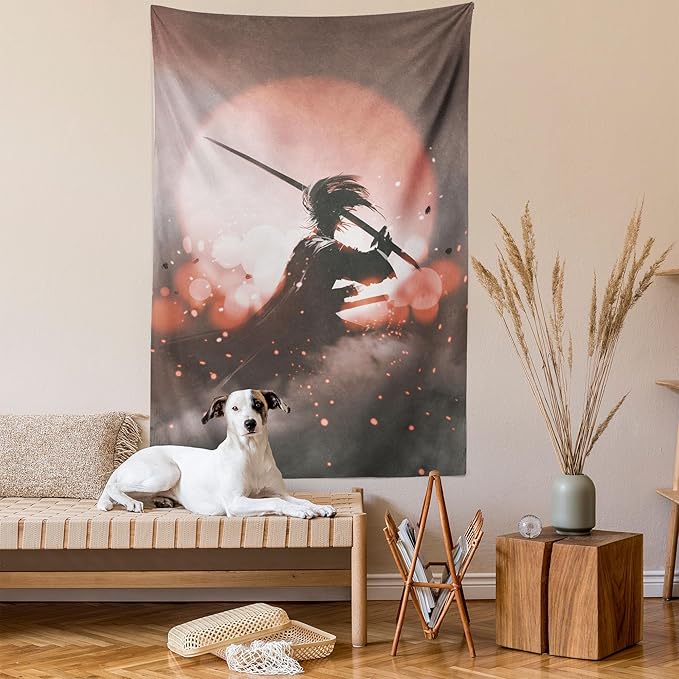 Ambesonne Japanese Tapestry, Reflection of Samurai Practicing Sunset Background Free from Death Concept, Wall Hanging for Bedroom Living Room Dorm Decor, 60" X 80", Salmon Umber