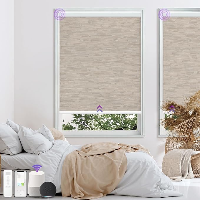 Astomi Motorized Roller Shades for Windows, Blackout Automatic Blinds with Remote, Smart Blinds, Voice Control, Compatible with Alexa, Google, Custom Size (Jacquard Coffee)