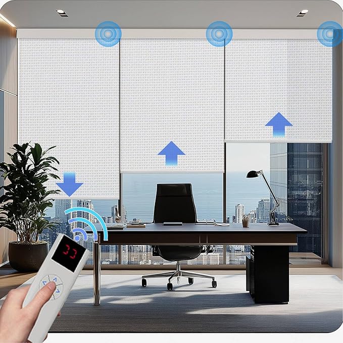 COOLWINDS Motorized Blinds with Remote Cordless Automatic Motorized Shades Custom Blinds for Windows Smart Curtains Compatible with Alexa Google Home(Solar White,W67 x H72in)