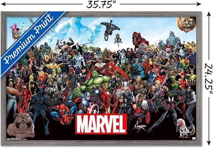 Marvel Comics The Marvel Lineup Wall Poster, 34L" x 22.4W", Barnwood Framed Version