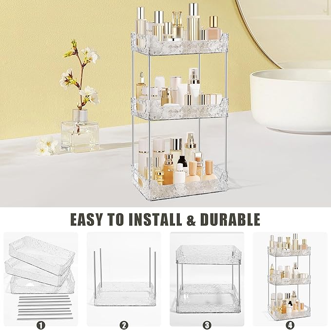 3-Tier Bathroom Counter Organizer Countertop Storage, Dresser Organizer Vanity Tray for Makeup, Perfume Organizer Cosmetics Skincare Shelf - Clear