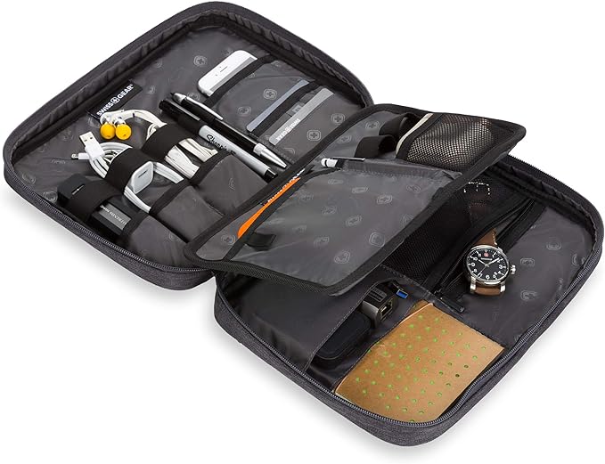 SWISSGEAR Portfolio Cord Organizer Case with Bonus Tablet Sleeve (10” x 7”) | Travel Tech Wire Case | Water Resistant | Zipper Closure – Grey Heather