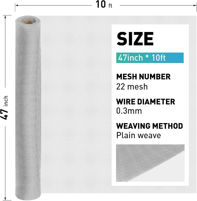 304 Stainless Steel Mesh Window Screen Roll, 47IN x 10FT Silver Metal Window