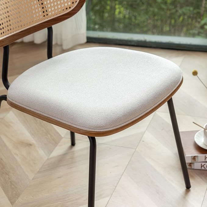 Rattan Dining Chairs Set of 2, Mid Century Modern Dining Chairs with Cane Back for Kitchen Dining Room, 19 Inch Fabric Beige