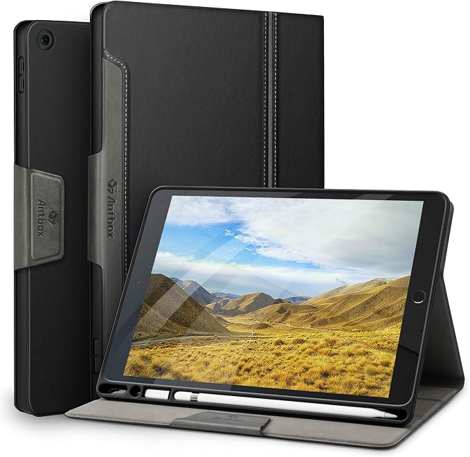 Antbox Case for iPad 9th Generation/iPad 8th/7th Generation 10.2'' Black | Built-in Pencil Holder Vegan Leather Auto Sleep/Wake