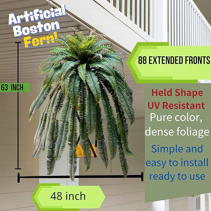 Giant Artificial Boston Ferns for Outdoors Large,Uv Resistant Lifelike Artificial Plants Large,Faux Fern Silk Ferns Look Real,Fake Fern for Outside 90Branches Extended Olive Green,No Base.