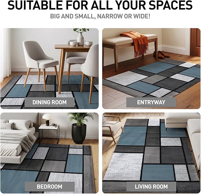 Rugshop Contemporary Modern Boxes for Home Office,Living Room,Bedroom,Kitchen Non Shedding Runner Rug 2'7" x 8' Blue
