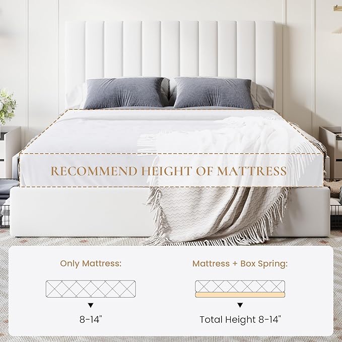 SHA CERLIN Full Size Platform Bed Frame with 4 Storage Drawers, Vertical Channel Tufted Adjustable Headboard, Velvet Upholstered, Wooden Slats Support, No Box Spring Needed, Easy Assembly, White