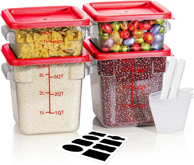 2QT&4QT NSF Food Storage Containers: 8 PCS[Food Grade] [Hot&Cold Resistant] Commercial Clear Square Food Storage Containers with Scales Handles for Home Restaurant Kitchen(BPA FREE)
