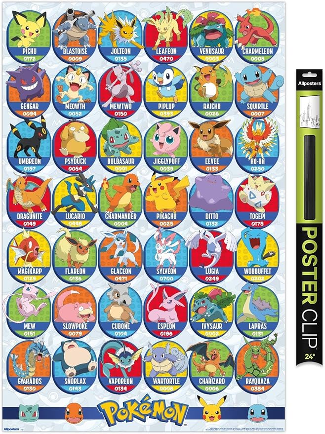 Pokémon: All-Time Favorites - Grid Wall Poster, 34L" x 22.4W", Poster & Clip Bundle